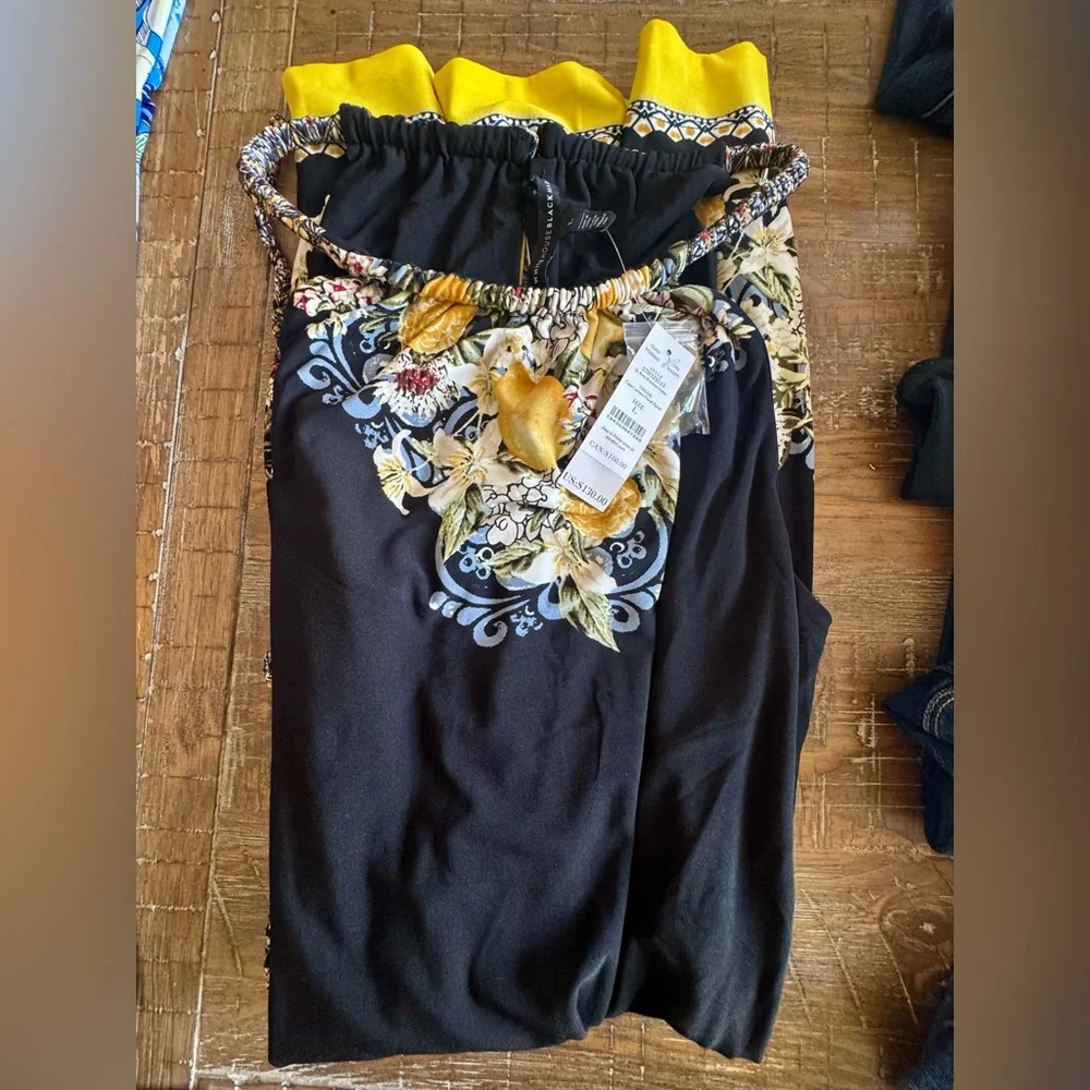 White House Black Market Black Halter Dress with Yellow Floral Trim NEW, Large - Picture 4 of 7